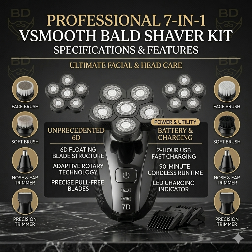 Vsmooth Head Shavers for Bald Men 7 in 1 Mens Head Razors Professional Bald Shaver Cordless Electric Shavers for Men Rechargeable Bald Shaving Grooming Kit Waterproof Balding Razor for Men