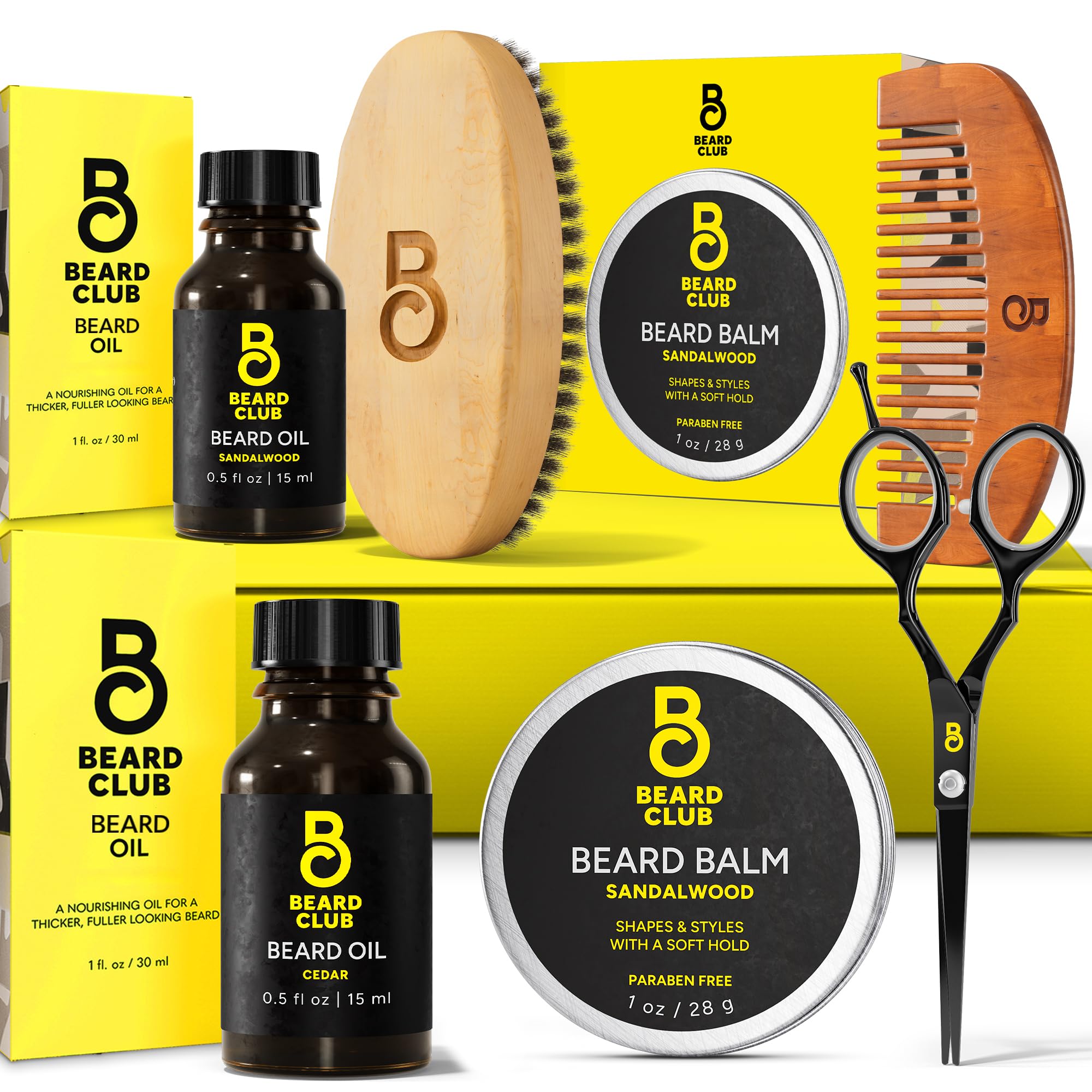 The Beard Club Beard Kit for Men - Beard Grooming Kit & Beard Care Kit - Cedar Beard Oil Sandalwood Beard Oil Sandalwood Beard Balm Beard Comb Beard Brush Beard Trimming Scissors - Gift Set